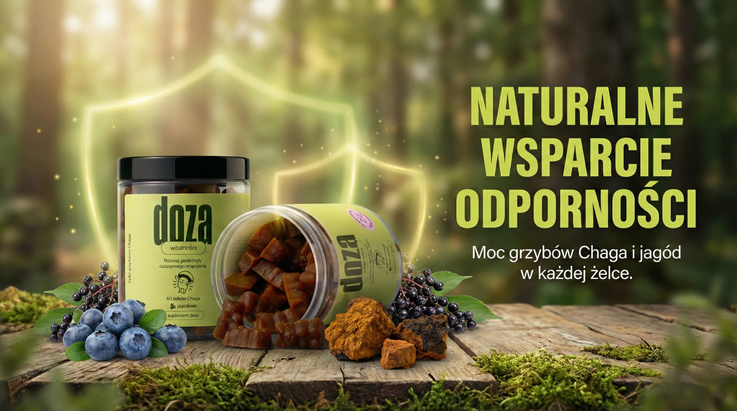 Żelki Chaga na odporność marki Doza z jagodami, czarnym bzem i grzybem Chaga na tle leśnej scenerii.