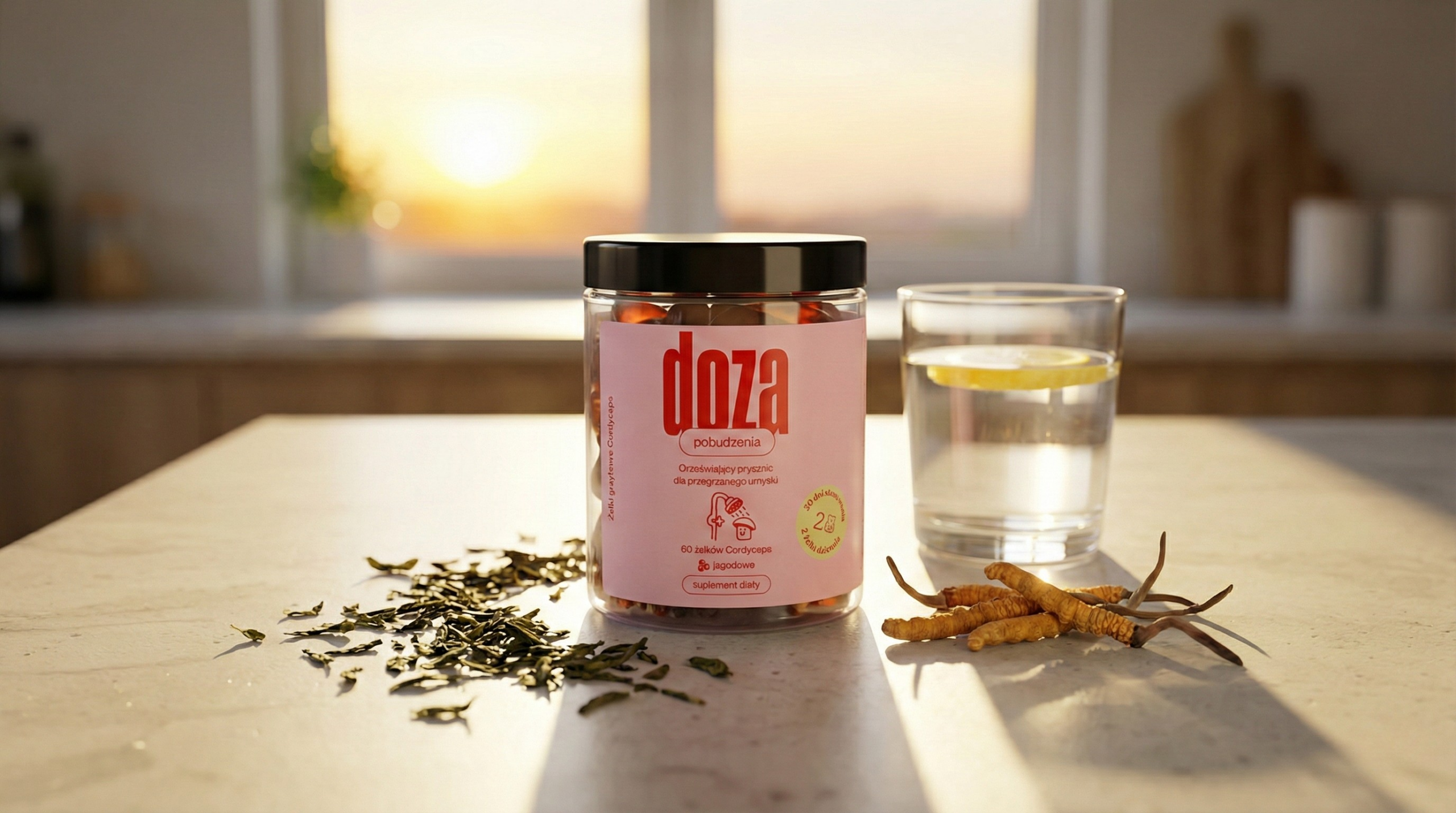 Jak się pobudzić naturalnie – żelki Doza Pobudzenia z cordycepsem, woda z cytryną i zielona herbata w porannym świetle